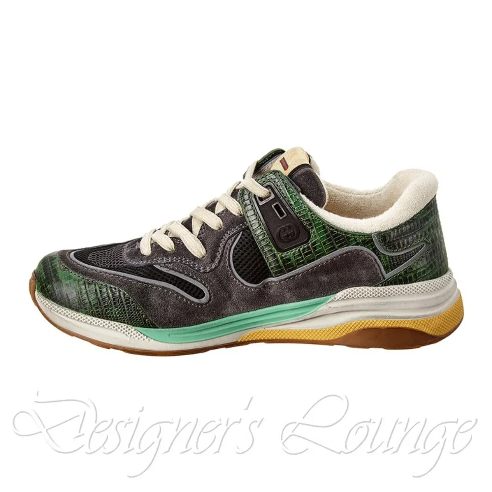 NEW GUCCI Men's ULTRAPACE Low Top Sneakers In Green Tejus Leather G 7.5 / US 8